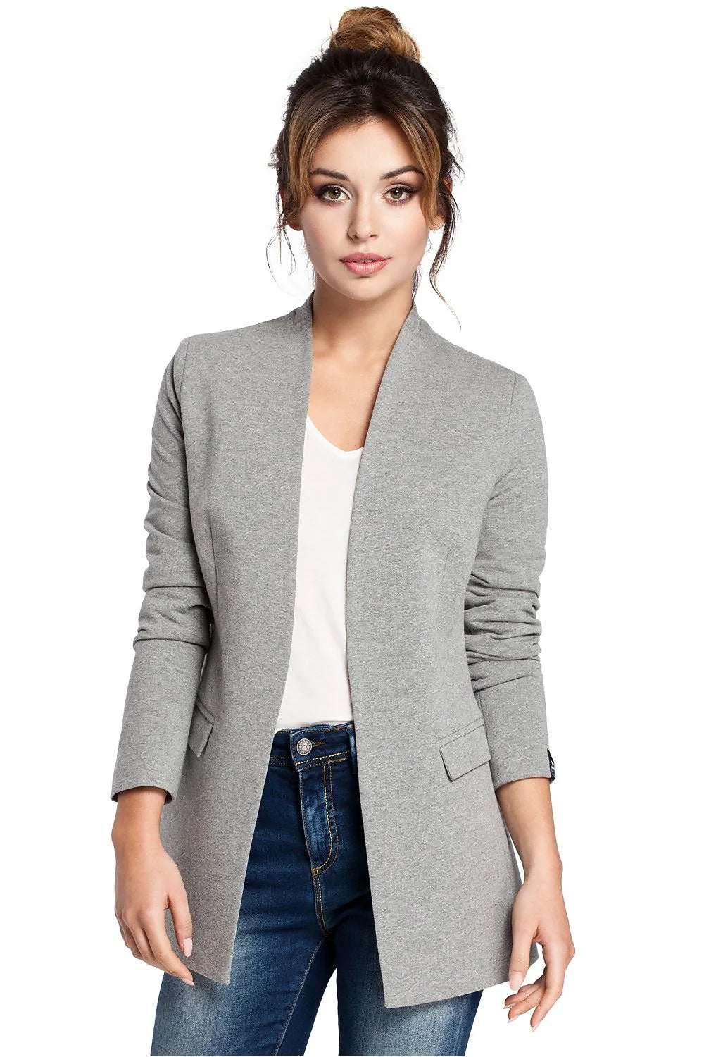 Veste Femme Tricot Moderne Élégante Sans Col Grise Ajustée Décontractée Chic Poches Longues Manches
