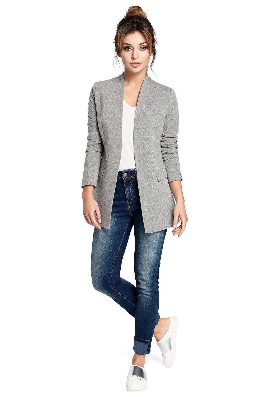 Veste Femme Tricot Moderne Élégante Sans Col Grise Ajustée Décontractée Chic Poches Longues Manches