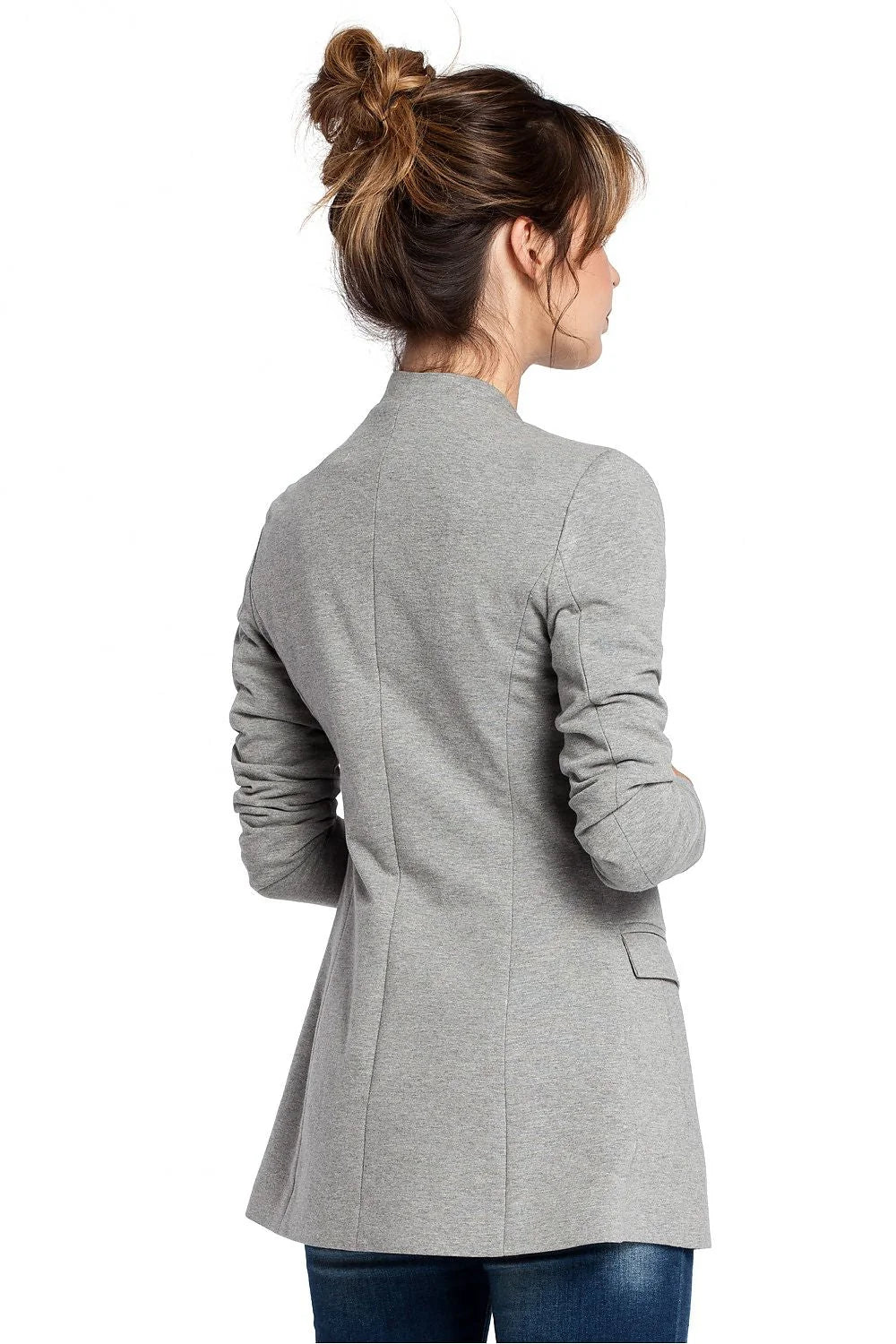 Veste Femme Tricot Moderne Élégante Sans Col Grise Ajustée Décontractée Chic Poches Longues Manches