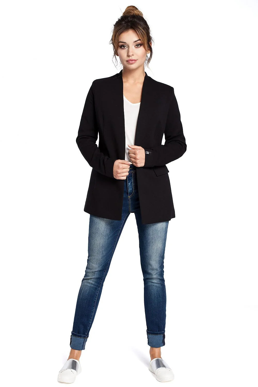 Veste Femme Tricot Moderne Élégante Sans Col Grise Ajustée Décontractée Chic Poches Longues Manches