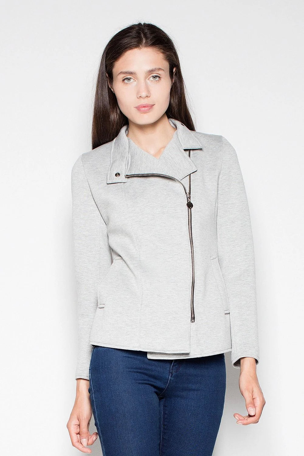Veste moderne en coton cintrée grise avec fermeture éclair asymétrique pour un style décontracté élégant