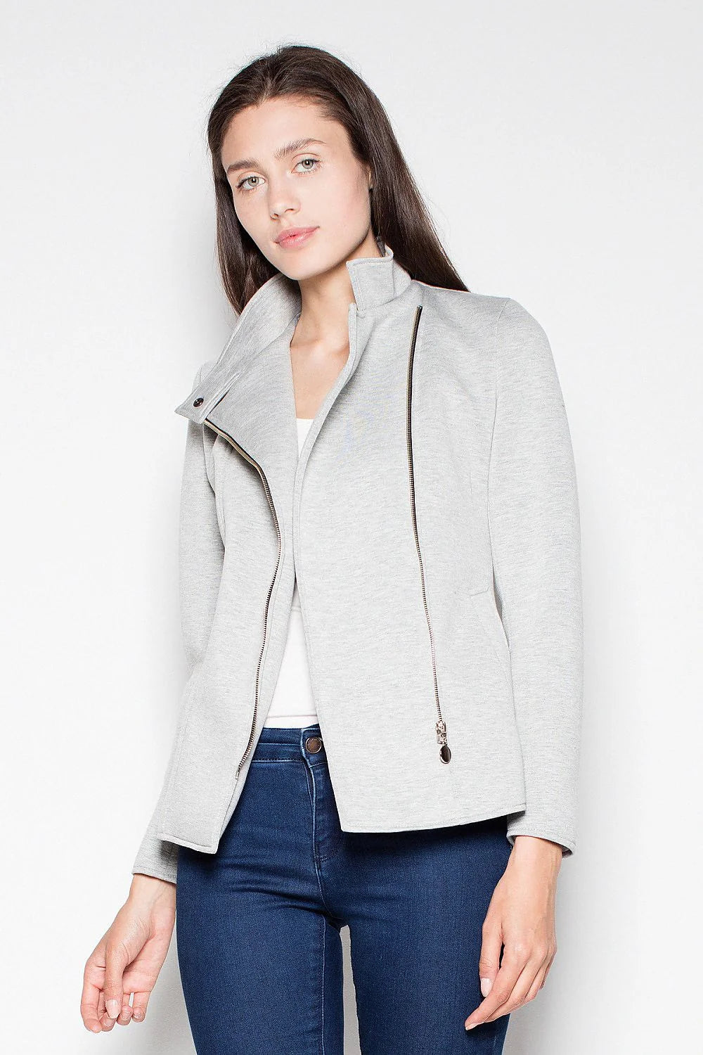 Veste moderne en coton cintrée grise avec fermeture éclair asymétrique pour un style décontracté élégant
