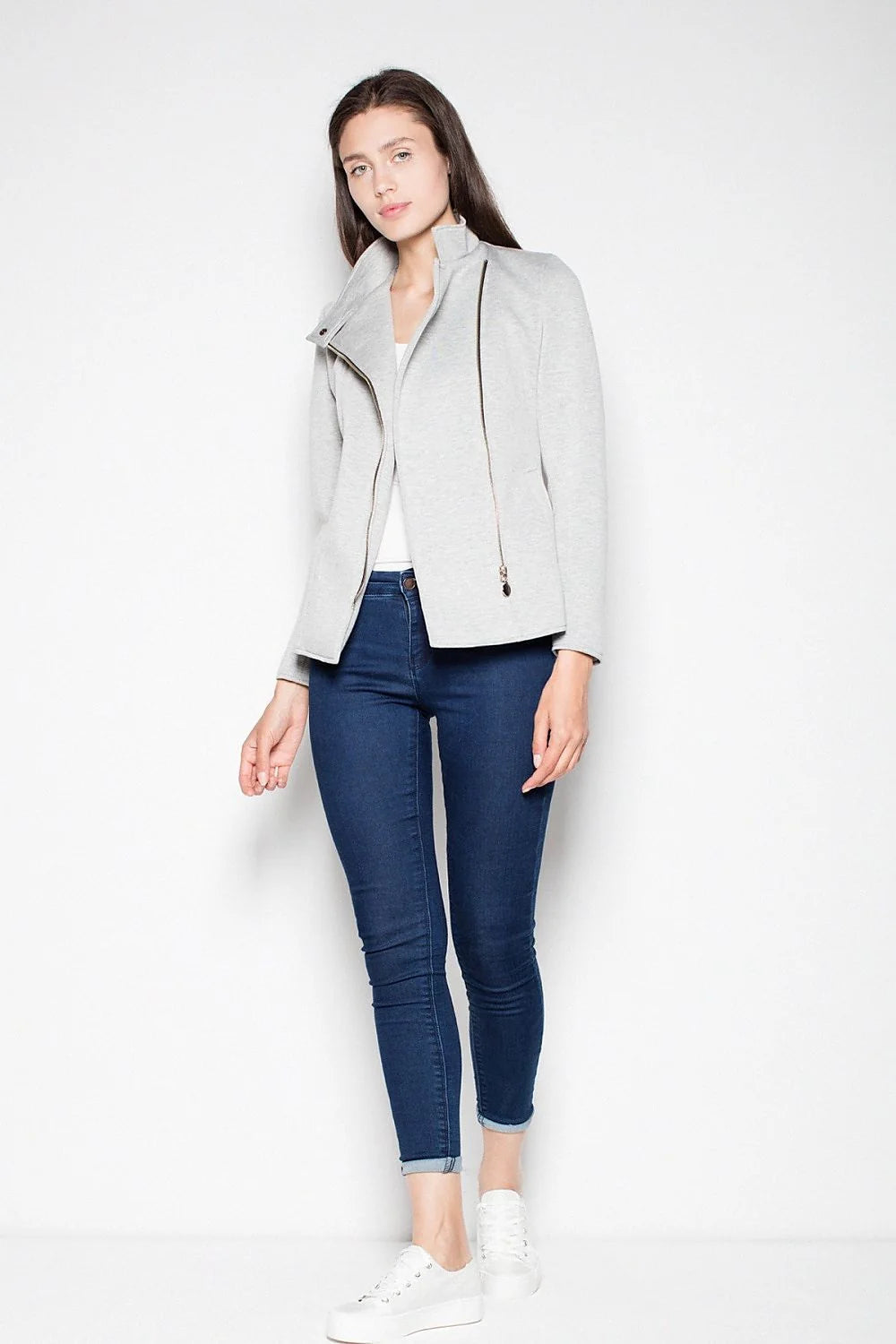 Veste moderne en coton cintrée grise avec fermeture éclair asymétrique pour un style décontracté élégant