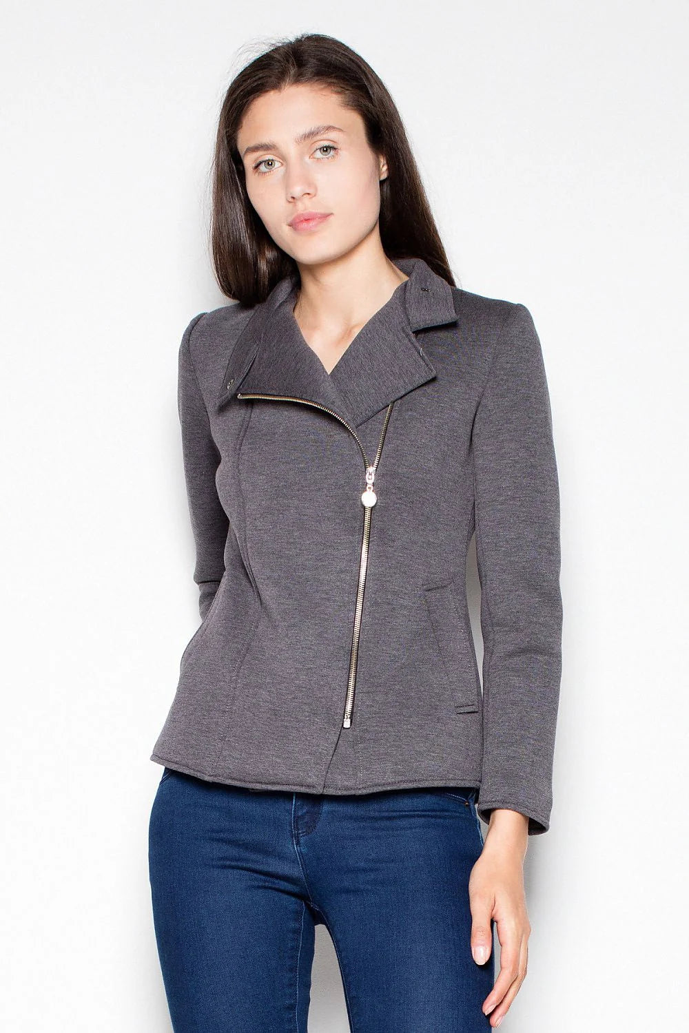 Veste moderne en coton cintrée grise avec fermeture éclair asymétrique pour un style décontracté élégant